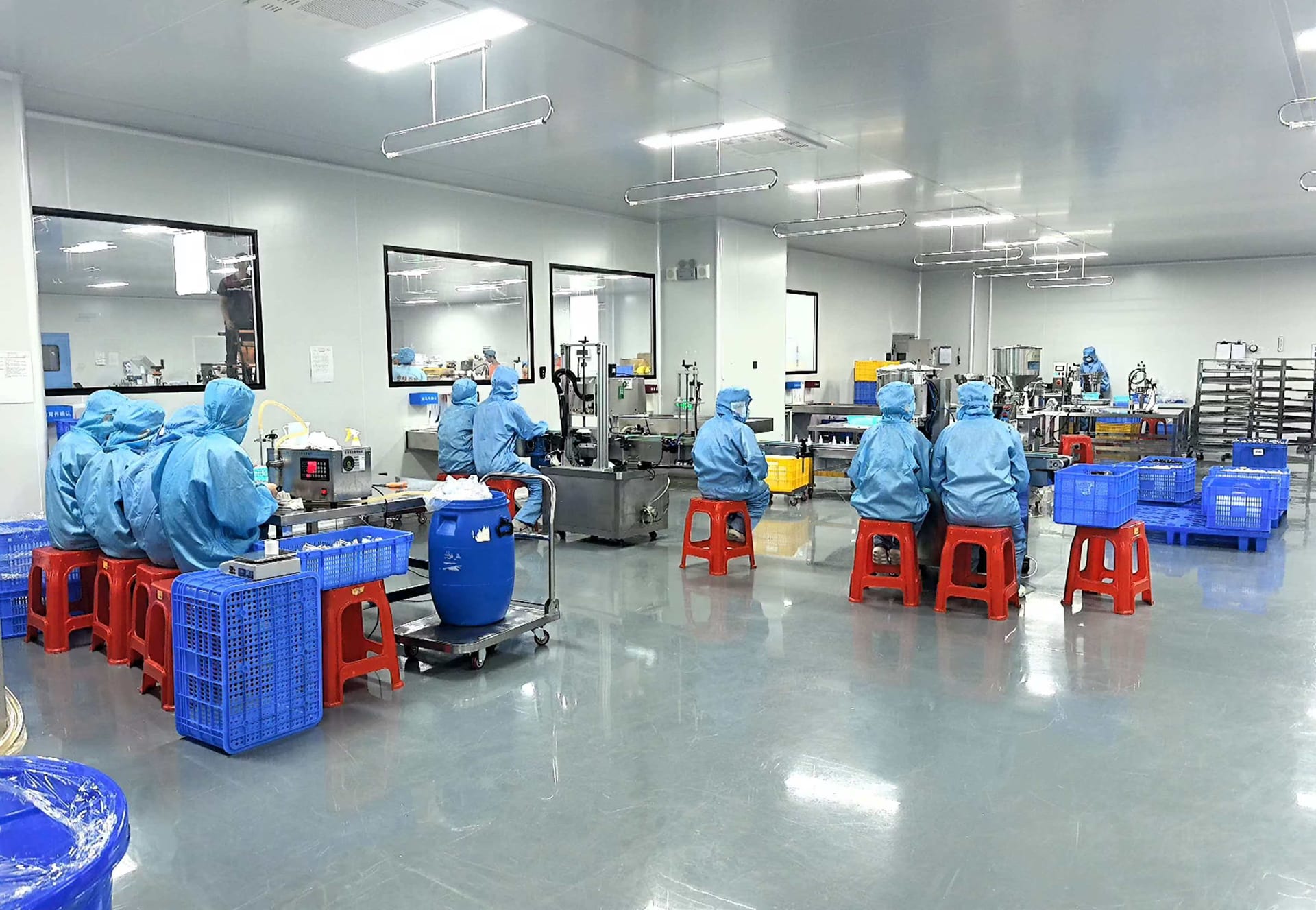 End-to-end production line — batching, filling, inspection and outbound QC